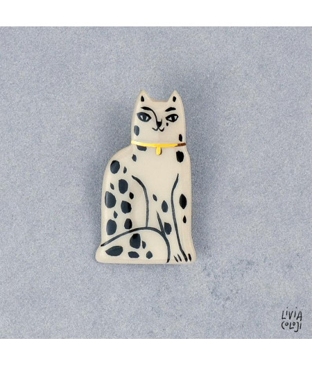 Broşă tip pin, din ceramică, cu pisică Magpie