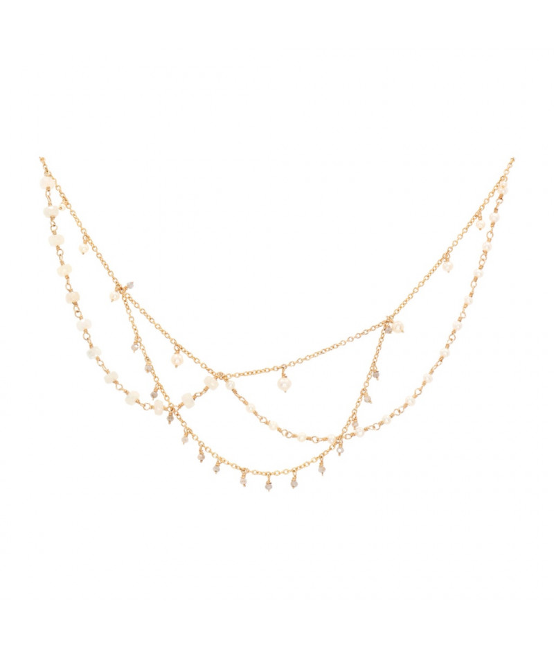 colier cu drapaje din gold filled de 14k/20, perle de cultura, safire albe si labradorite