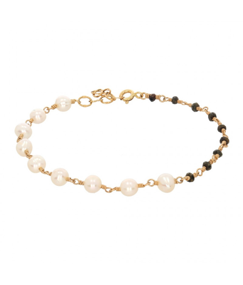 bratara asimetrica din gold-filled de 14k/20 (aur filat), spinel negru si perle de cultura