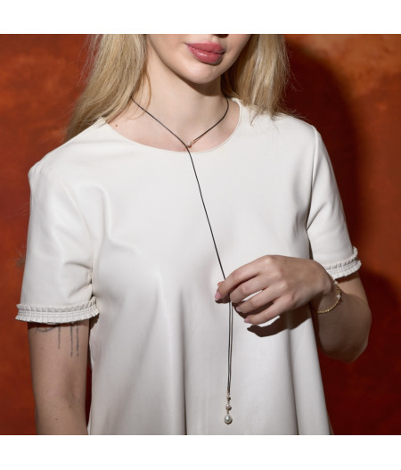 colier lung cu perle de cultura, piele naturala si gold filled de 14k/20