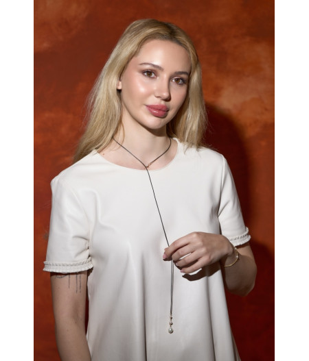 colier lung cu perle de cultura, piele naturala si gold filled de 14k/20