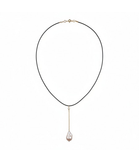 colier la baza gatului cu perla keshi, piele naturala si gold filled de 14k/20