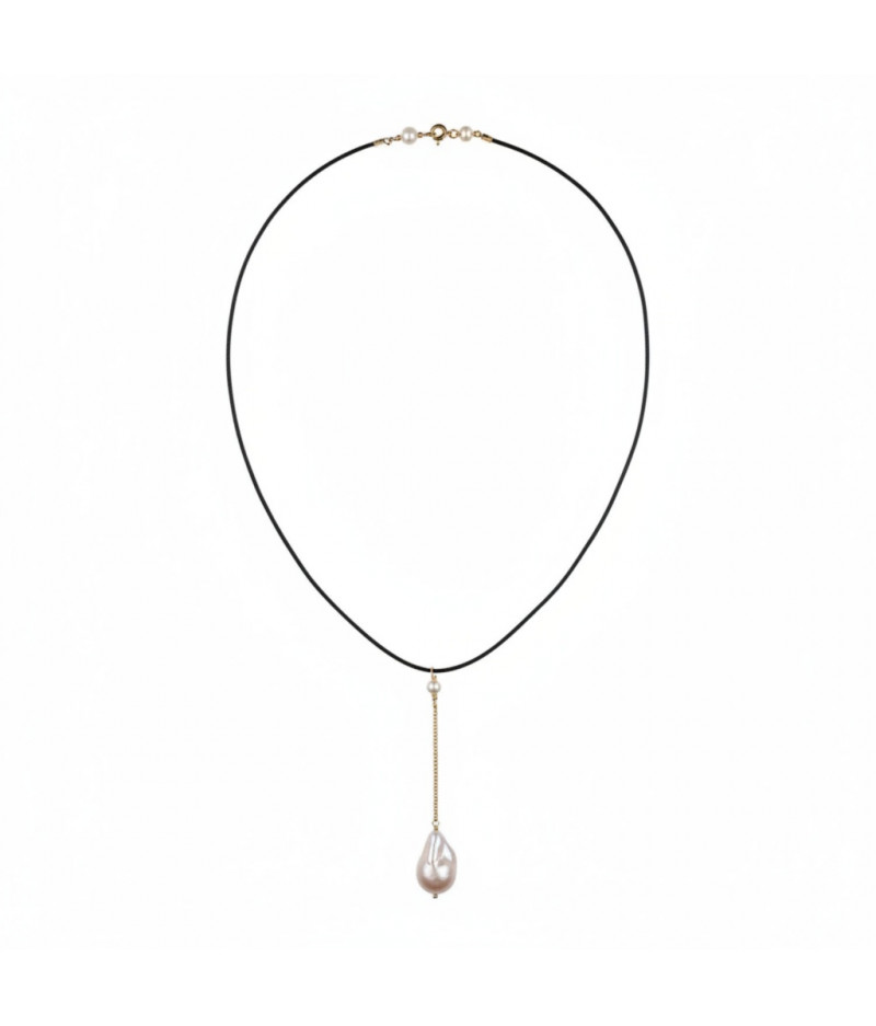 colier la baza gatului cu perla keshi, piele naturala si gold filled de 14k/20