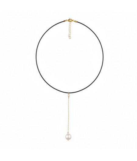 colier la baza gatului cu perla de cultura, piele naturala si gold filled de 14k/20