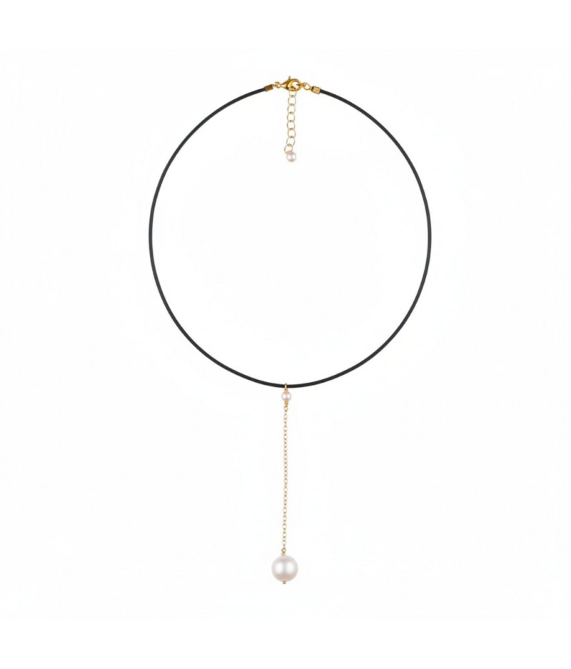 colier la baza gatului cu perla de cultura, piele naturala si gold filled de 14k/20