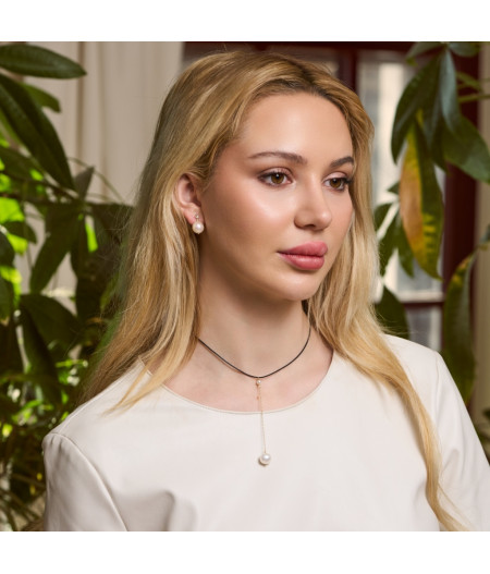 colier la baza gatului cu perla de cultura, piele naturala si gold filled de 14k/20
