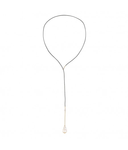 colier lung cu perla keshi, piele naturala si lant din gold filled de 14k/20