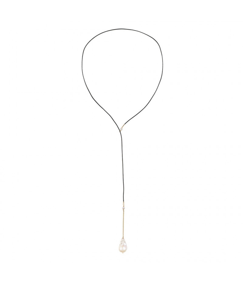 colier lung cu perla keshi, piele naturala si lant din gold filled de 14k/20