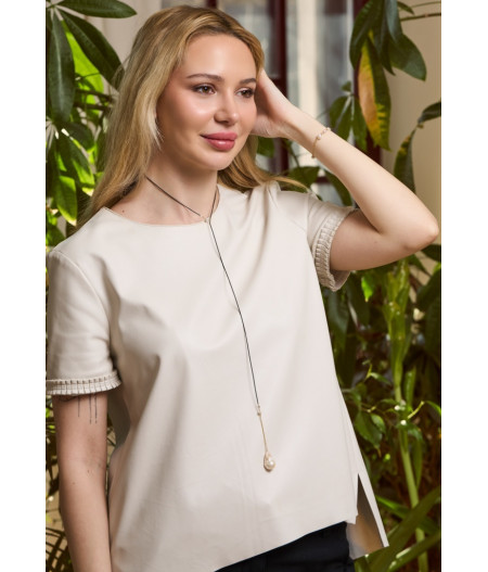colier lung cu perla keshi, piele naturala si lant din gold filled de 14k/20