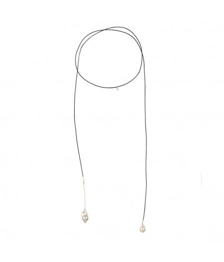 colier extralung cu perle keshi, piele naturala si lant din gold filled de 14k/20