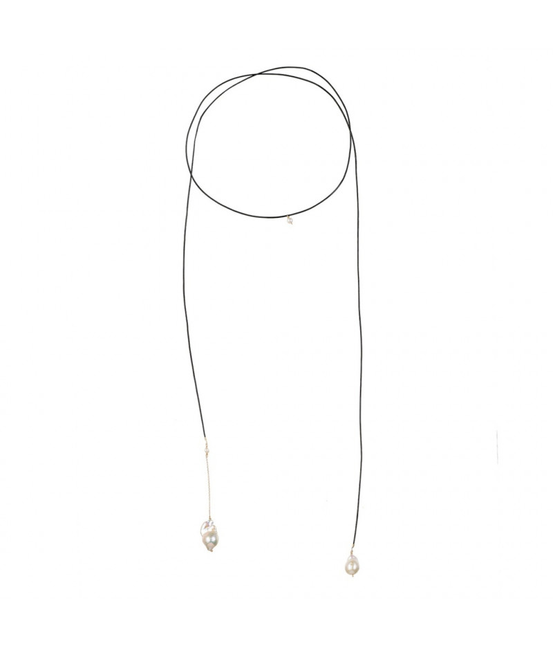 colier extralung cu perle keshi, piele naturala si lant din gold filled de 14k/20