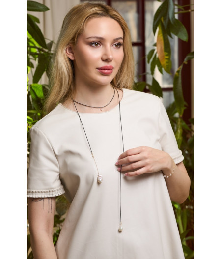 colier extralung cu perle keshi, piele naturala si lant din gold filled de 14k/20