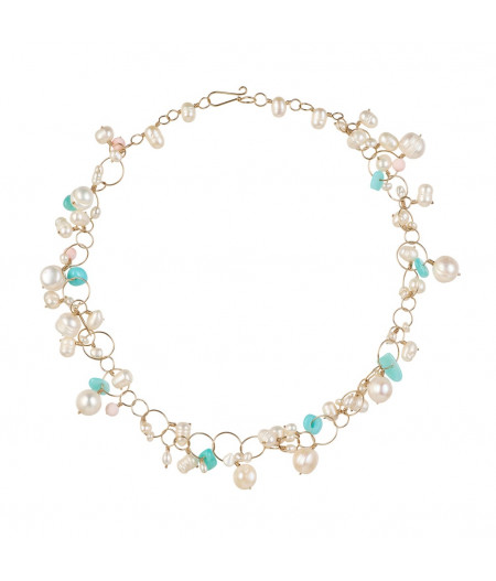 colier cu perle de cultura, amazonit si coral din gold filled de 14k/20