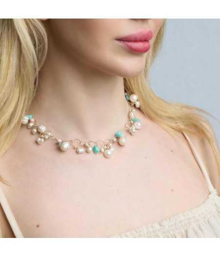 colier cu perle de cultura, amazonit si coral din gold filled de 14k/20