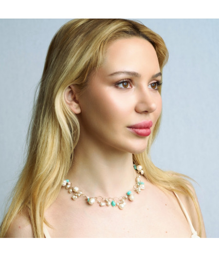 colier cu perle de cultura, amazonit si coral din gold filled de 14k/20
