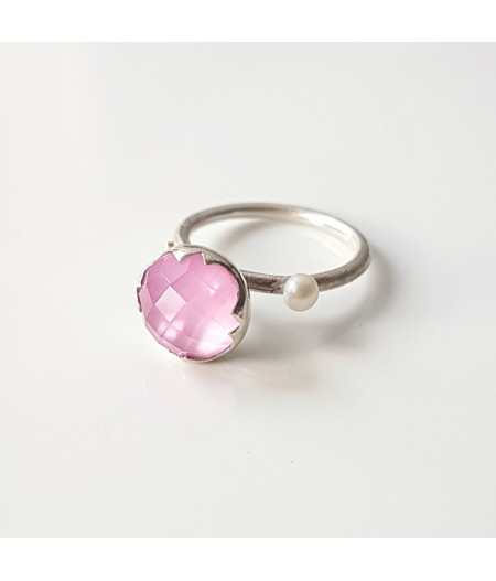inel Sleeping Beauty din argint si granulatie aur 14k cu safir roz, sidef, cuart si perla de cultura