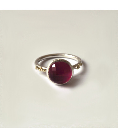 inel Sleeping Beauty din argint si granulatie aur 14k cu rubin si cuart